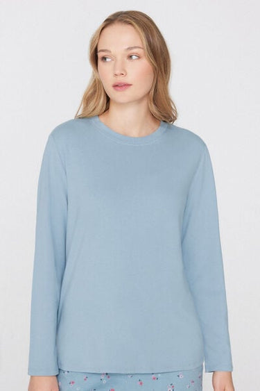 Cotton and Modal Top with Long Sleeves and Rounded Neck