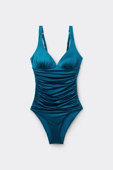Blue Shiny Glam One-Piece Triangle Swimsuit with Gathering