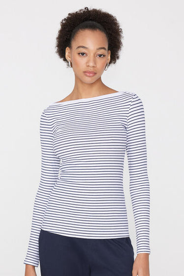 Ribbed Cotton Top with Boat Neck and Stripes