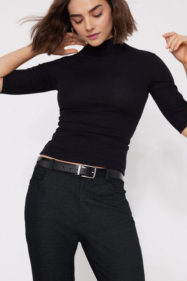 3/4 Sleeve Ribbed Cotton Polo Neck Top