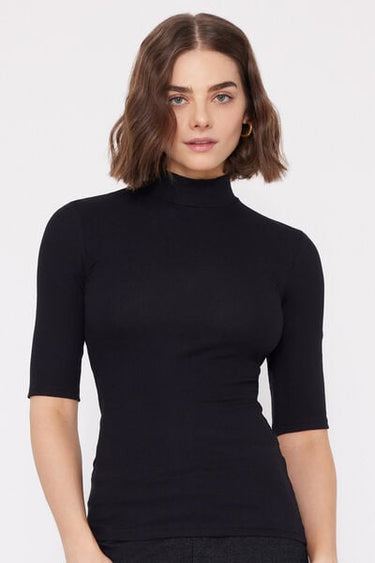 3/4 Sleeve Ribbed Cotton Polo Neck Top