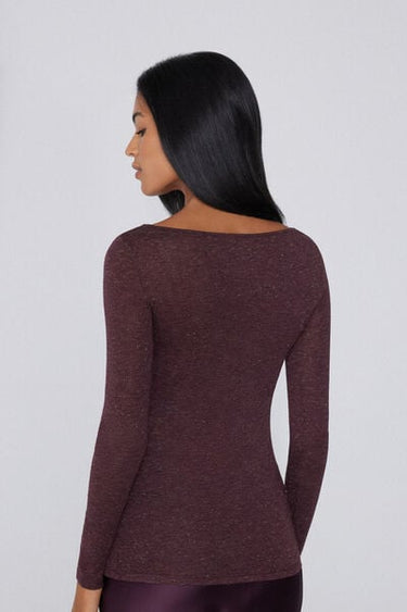 Long-Sleeved Boat Neck Lamé Merino Wool and Viscose Top