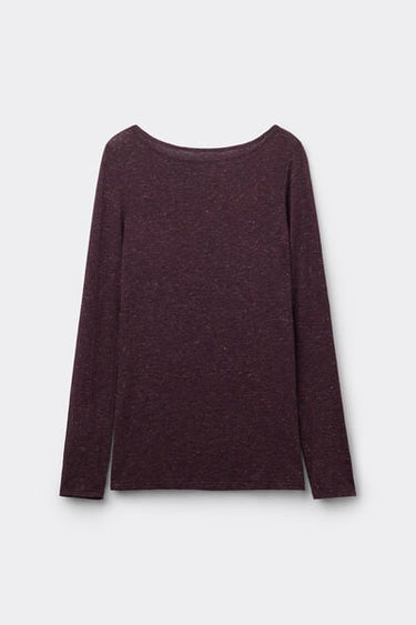 Long-Sleeved Boat Neck Lamé Merino Wool and Viscose Top