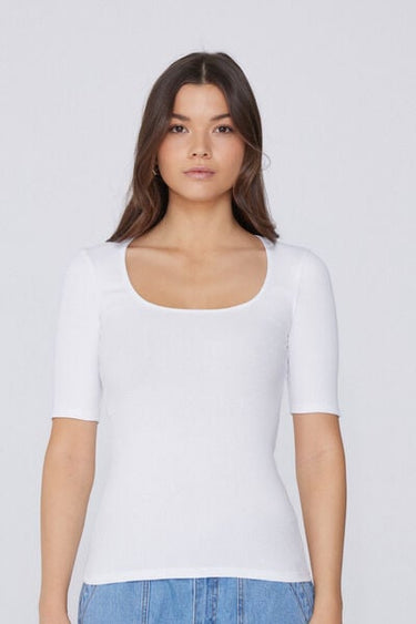 Short Sleeved Square Neck Ribbed Cotton T-shirt