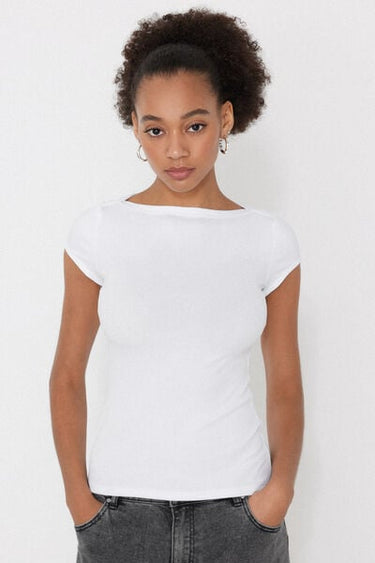 Ribbed Cotton Boat Neck T-Shirt