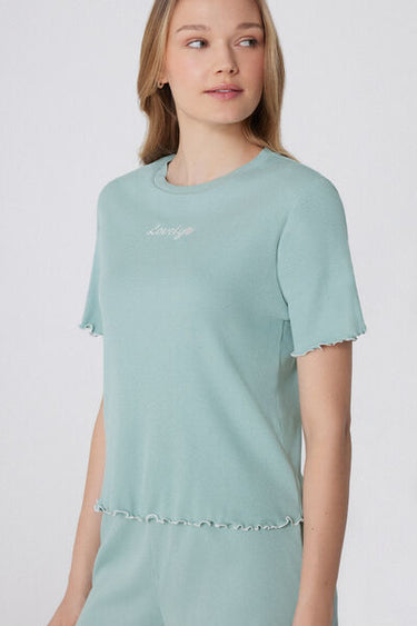 Short-Sleeved Short Ribbed Pyjamas with Embroidery
