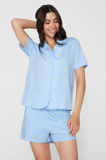 Short Cotton Button-Up Pyjamas with Lemon Print