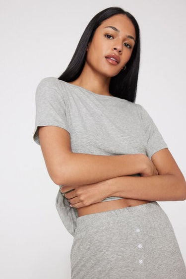 Short Ribbed Viscose Pyjamas with Boat Neck