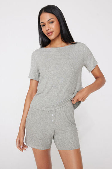 Short Ribbed Viscose Pyjamas with Boat Neck