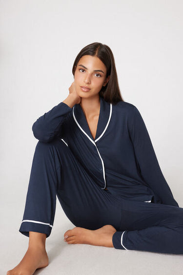 Long Button-Front Viscose Pyjamas with Trim