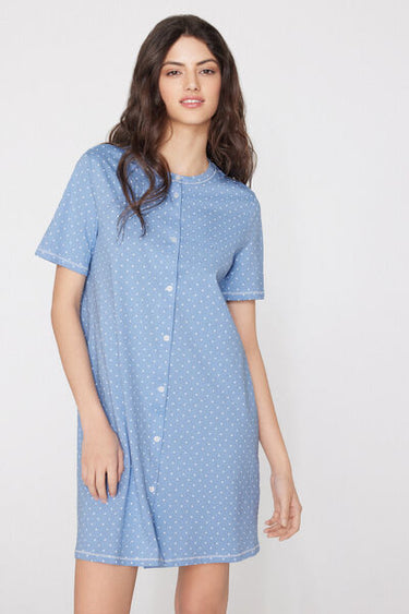 Short Sleeve Polka Dot Button-Up Nightgown