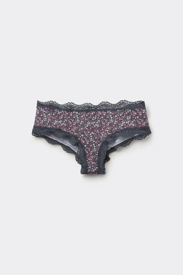 Printed Microfibre and Recycled Lace Brazilian-Cut French Knickers