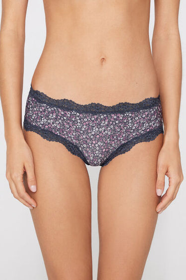 Printed Microfibre and Recycled Lace Brazilian-Cut French Knickers