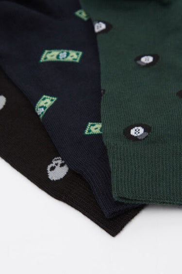 Three Pairs of Men's Short Patterned Hemless Cotton Socks