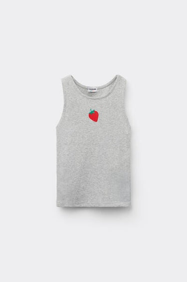 Girls’ Embroidered Ribbed Cotton Camisole with Wide Shoulder Straps