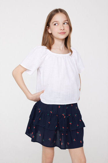 Linen-Look Cotton Canvas Top with Ruffle