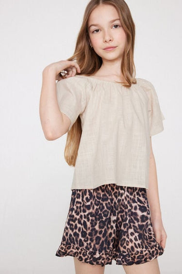 Linen-Look Cotton Canvas Top with Ruffle
