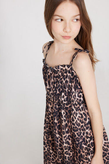 Girls’ Crimped Viscose Fabric Dress with Thin Braided Shoulder Straps