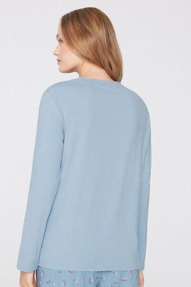 Cotton and Modal Top with Long Sleeves and Rounded Neck