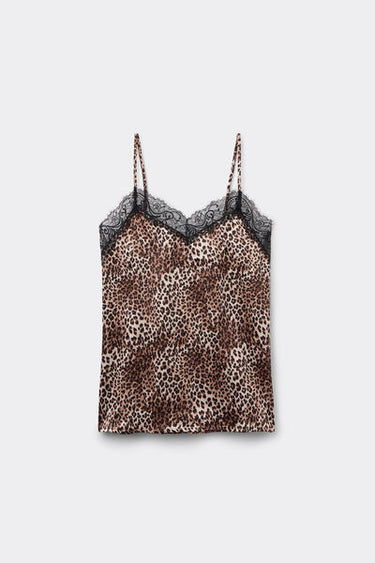 Printed Satin and Lace Camisole with Narrow Shoulder Straps