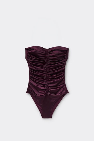 Bordeaux Shiny Glam Gathered One-Piece Bandeau Swimsuit