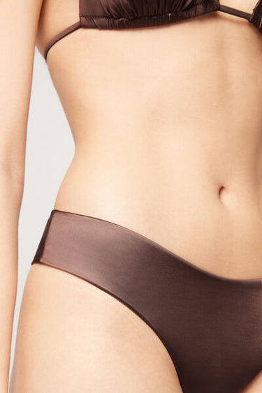 Choco Shiny Glam Rounded High-Cut Brazilian Bikini Bottoms