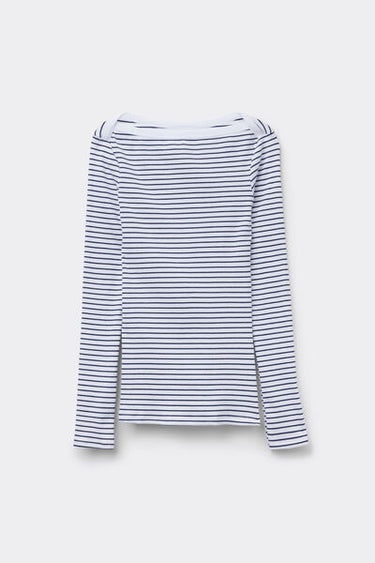 Ribbed Cotton Top with Boat Neck and Stripes