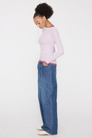 Ribbed Cotton Top with Boat Neck and Stripes