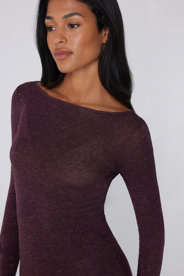 Long-Sleeved Boat Neck Lamé Merino Wool and Viscose Top
