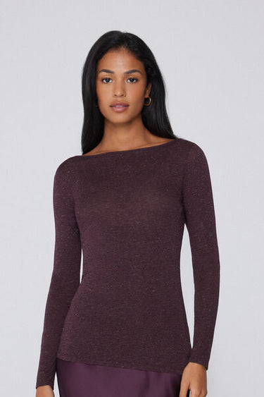 Long-Sleeved Boat Neck Lamé Merino Wool and Viscose Top