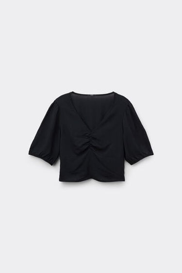 Short Sleeve Viscose Crop Top with Gathering