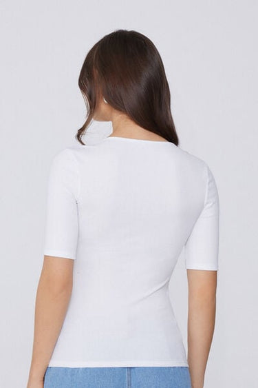 Short Sleeved Square Neck Ribbed Cotton T-shirt
