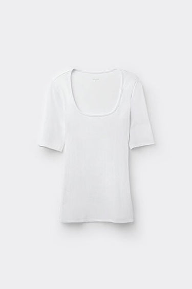Short Sleeved Square Neck Ribbed Cotton T-shirt