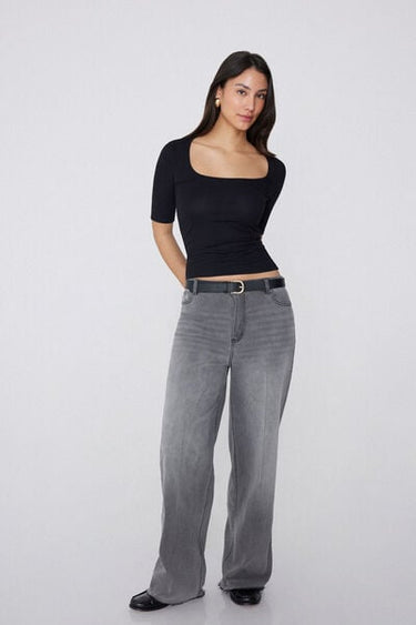 Short Sleeved Square Neck Ribbed Cotton T-shirt