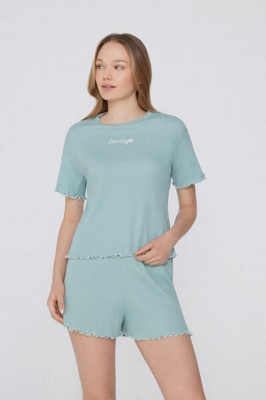 Short-Sleeved Short Ribbed Pyjamas with Embroidery