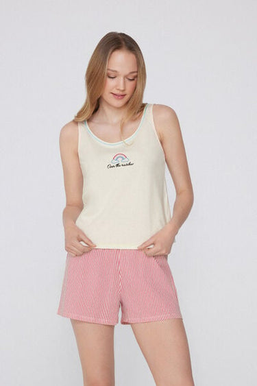Short Cotton Pyjamas with Wide Shoulder Straps and Embroidery