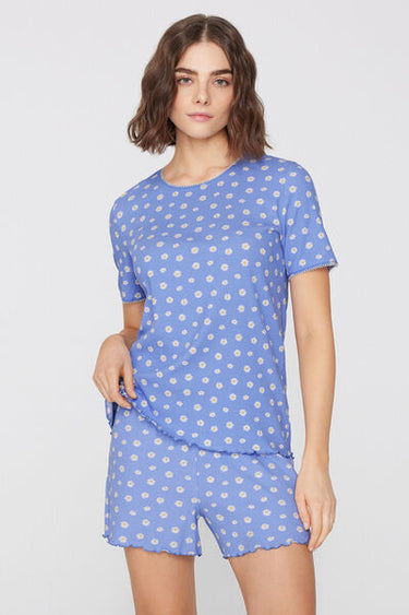 Short Ribbed Cotton Pyjamas with Daisy Print