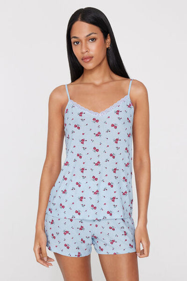 Ribbed Viscose and Lace Short Pyjamas