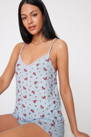 Ribbed Viscose and Lace Short Pyjamas