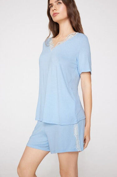 Viscose and Lace Short V-Neck Pyjamas