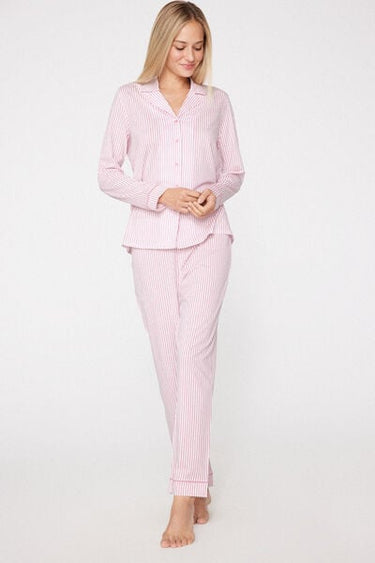 Long Button-Front Cotton Striped Print Pyjamas
