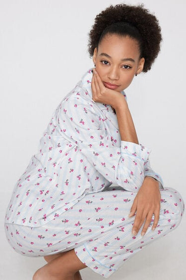 Bouquet Print Long Cotton Button-Down Pyjamas