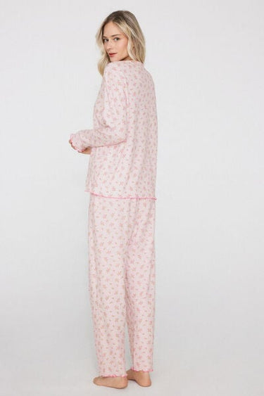 Long Ribbed Openwork Cotton Pyjamas with Small Flower Print