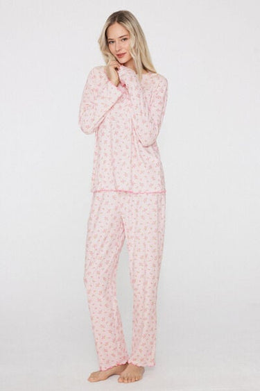 Long Ribbed Openwork Cotton Pyjamas with Small Flower Print