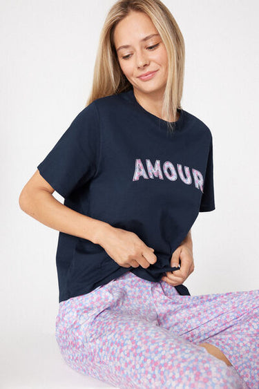 Amour Patch Cotton Short-Sleeve Long Pyjamas