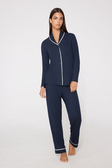 Long Button-Front Viscose Pyjamas with Trim