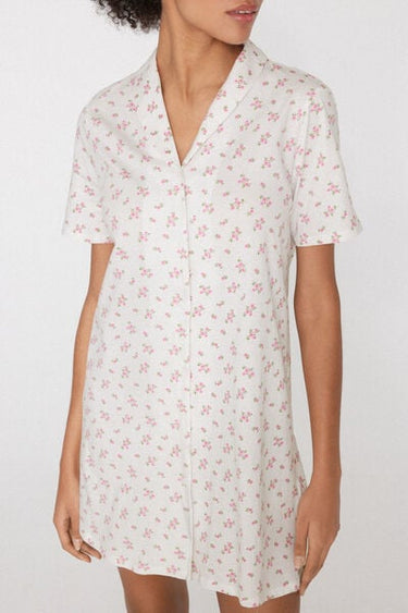Button-Front Cotton Nightgown with Micro Flower Print