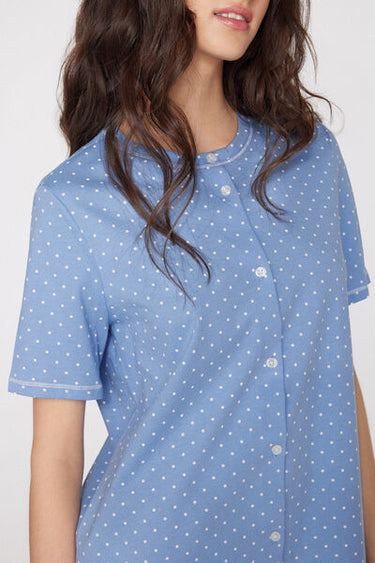Short Sleeve Polka Dot Button-Up Nightgown