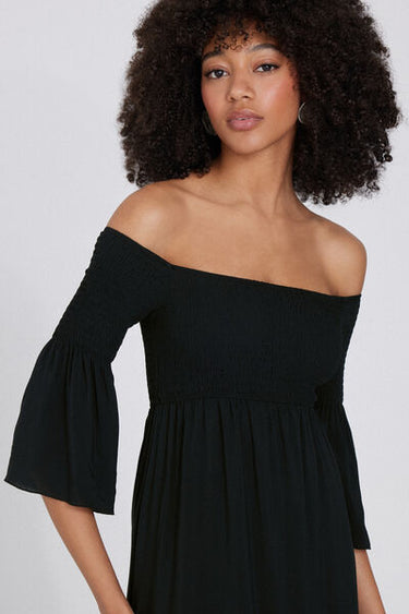 Long Stitched-Smock Off-The-Shoulder Dress