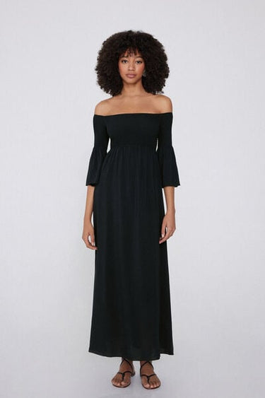 Long Stitched-Smock Off-The-Shoulder Dress